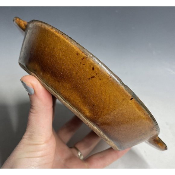 Antique Pottery Yellow Ware Glazed Handled Pie Plate Pan Primitive Glazed Rustic - Picture 10 of 16